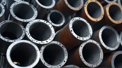 Stacked Metal Pipes Close-Up.
