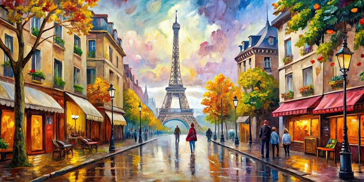 Palette knife oil painting of a picturesque Paris street scene, Paris, street, landscape, oil painting, palette knife