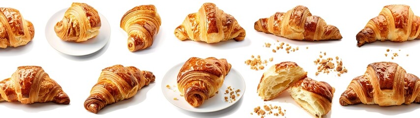 Fototapeta premium Croissants that fresh and delicious falling in the air isolated on background, Breakfast time, popular plain croissant breads.pmg