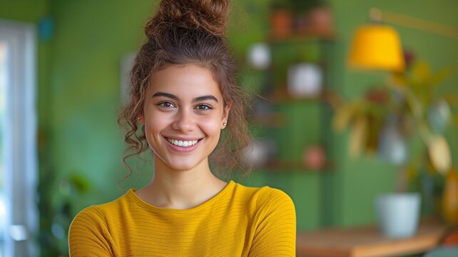 A youthful lady, wearing a bright yellow sweater and sporting a carefree updo, radiates warmth and joy....