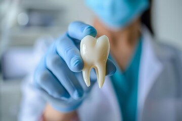 Closeup of a dentist holding a large tooth model in a gloved hand