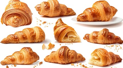 Croissants that fresh and delicious falling in the air isolated on background, Breakfast time, popular plain croissant breads.pmg