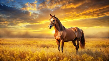 A majestic horse standing in a vibrant golden meadow, horse, animal, wildlife, nature, meadow, field, grass, golden