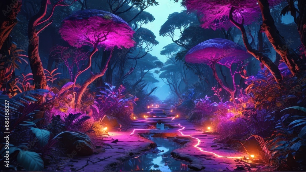 Poster neon forest path.