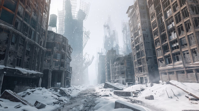science fiction ruined abandoned post apocalyptic city dystopia with winter snow