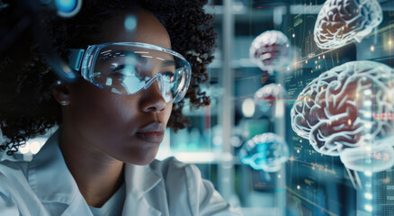 A young black woman scientist wearing protective glasses is looking at holographic representation of the human brain, with glowing lines and futuristic interface