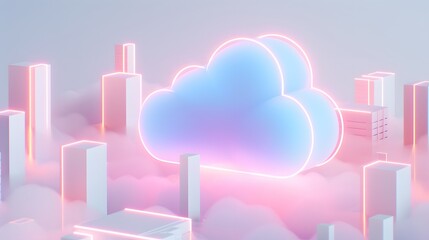 Naklejka premium 3D illustration of a glowing neon cloud surrounded by futuristic city buildings, symbolizing modern technology and cloud computing.