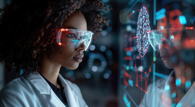 A young black woman scientist wearing protective glasses is looking at holographic representation of the human brain, with glowing lines and futuristic interface
