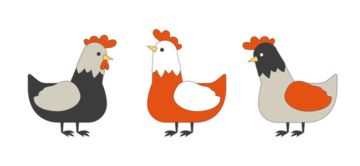 Farm chickens group 2D linear cartoon characters set. Poultry husbandry habitats isolated line vector animals white background. Agricultural industry color flat spot illustrations collection