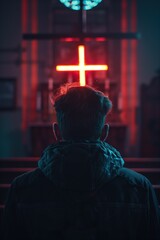 Obraz premium Serene church interior shows person standing in front of altar with cross and candles. Blue walls create calm atmosphere. Perfect for Christian spiritual themes, faith, worship, devotion, inner peace.