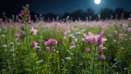 Obraz premium Moonlit Meadow with Pink Flowers.