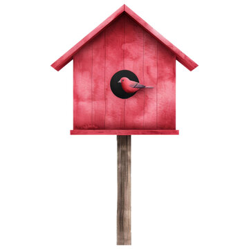 recommend clip art: Red wooden birdhouse with bird perched on the entrance in watercolor style clipart with transparent background