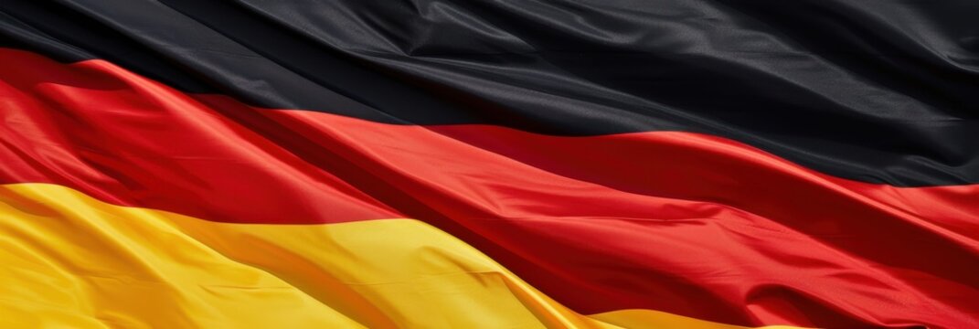 Happy German Unity Day. Abstract background in colors of flag of Germany. Horizontal banner. Texture of crumpled fabric. Free space for text. For greeting card, poster