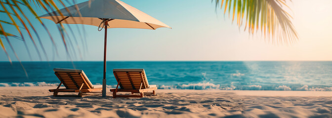 Tropical Beach Sunset with Lounge Chairs
