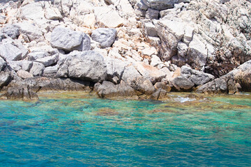 Rocky coast of the Aegean sea. Virgin bays of Marmaris. Horizontal photo.