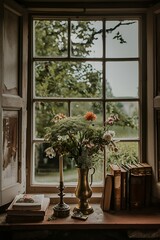 Fototapeta premium A photo of an open window in the middle with wooden shutters, overlooking a green meadow and trees. On the windowsill is a vintage brass vase full of flowers, books, and a candle stick beside it. A fi