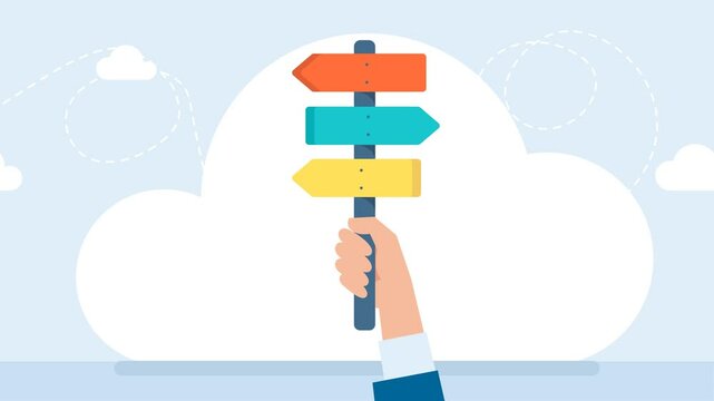 The hand holds an arrow pointing in the direction of movement. Three arrows - three directions. Сoncept of choosing a business strategy. Direction road signs &mdash; arrows on blue sky. 2d flat animation