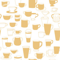 Line cup print. Coffee mugs seamless pattern. Modern print design for home coffee lovers. Vector illustration. Good for fabric, wrapping paper, kitchen textile.