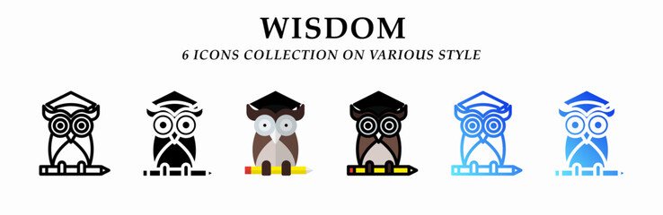 Wisdom icons collection. 6 Various styles. Lineal, solid Black, flat, lineal color and gradient. For sign, symbol, presentation, infographic or web graphics. Vector Illustration.