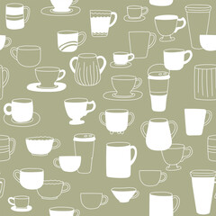 Modern doodle print. Tea cups seamless pattern. Design for green tea lovers. Vector illustration. Good for fabric, wrapping paper, kitchen textile.