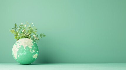 A conceptual image of a green globe with a minimalist and modern design, symbolizing environmental conservation and global unity. The image offers plenty of copy space for customization.