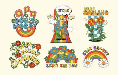 Floral botanical compositions with lettering in retro groovy style collection for t-shirts, mugs, cards. Set of floral quotes in hippie psychedelic style. Funny flowers with stems, leaves and thorns.