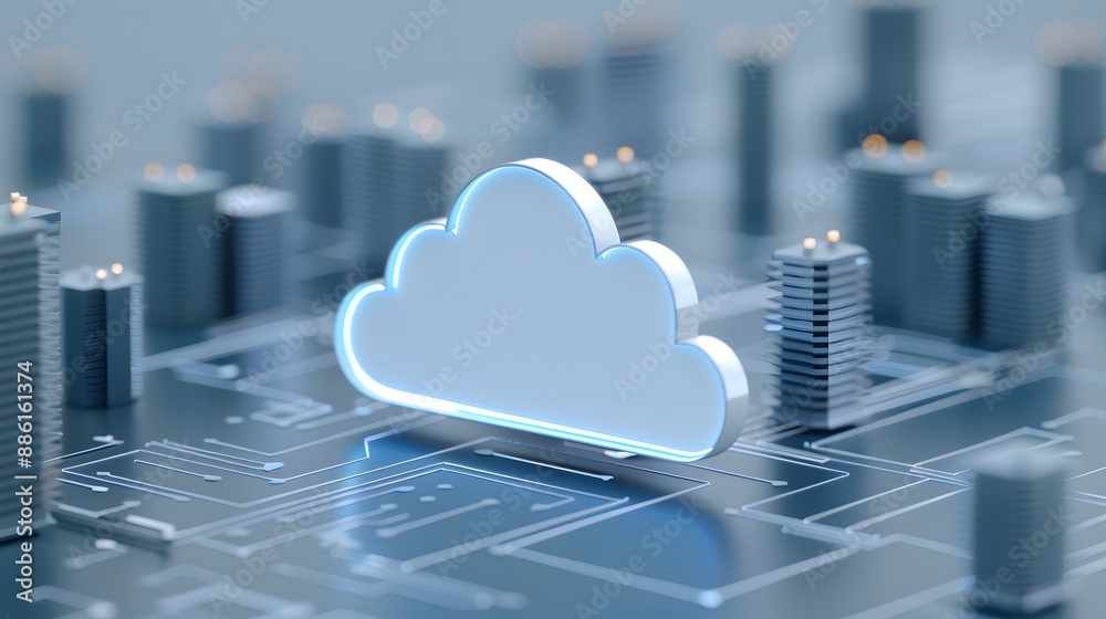 Poster 3d rendering of a cloud symbol over a digital circuit board, representing cloud computing and data s