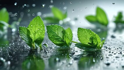 Fresh Mint Leaves with Water Drops.