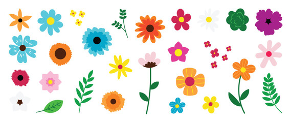Fototapeta premium Collection of spring colorful flower elements vector. Set floral of wildflower, leaf branch, foliage on white background. Hand drawn blossom illustration for decor, easter, sticker, clipart, print.
