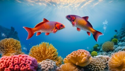 Naklejka premium Carp fish Graceful Leaps: Carp Fish in a Vibrant Underwater Ballet