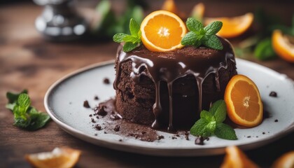 Warm chocolate cake with melted core with orange zest and fresh mint