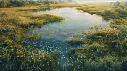 Depict an aerial view of wetlands with a serene lake surrounded by tall grasses and emergent vegetation, providing habitat diversity.
