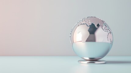 A sleek silver globe on a minimalist background, with ample copy space for adding text or graphics. The image conveys a sense of sophistication and global connectivity.