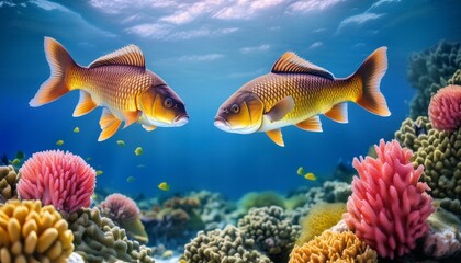 Carp fish Graceful Leaps: Carp Fish in a Vibrant Underwater Ballet"
"Oceanic Delight: Playful Carp Dancing Amidst Coral and Sponges