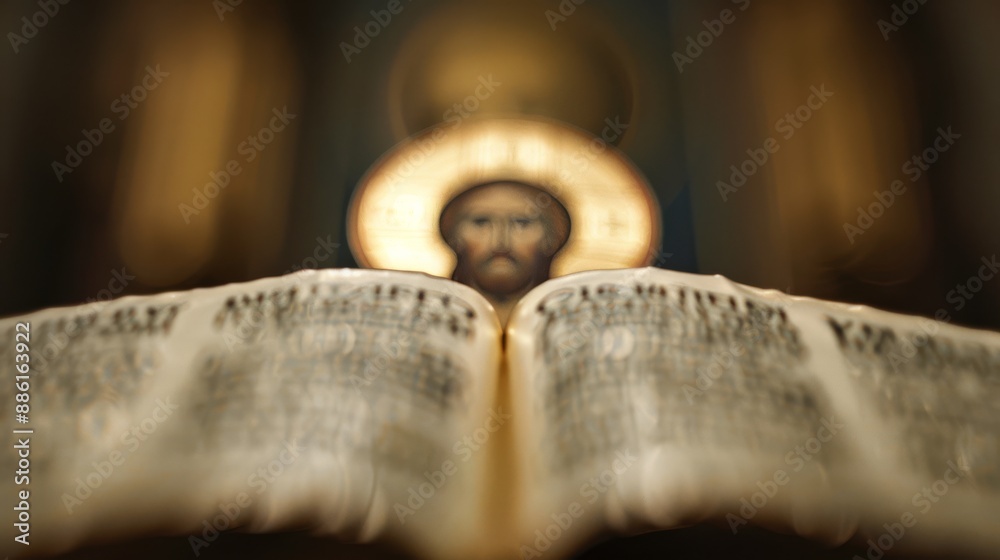 Wall mural an icon of Jesus Christ Pantocrator depicted in traditional Byzantine style with a golden halo holding a book and blessing with his right hand capturing a sense of authority and compassion