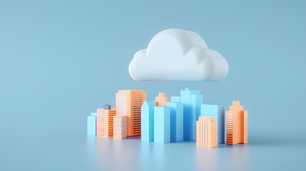 Fototapeta premium Abstract 3D illustration of cloud over modern city skyline, symbolizing cloud computing and technology integration with urban infrastructure.