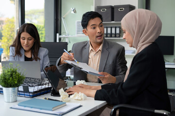 Failed teamwork concept, Boss is angry and blames the staff for poor work, the team leader's failure is not satisfied with the report.