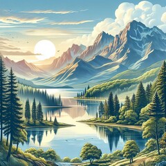 a painting of a mountain lake with a full moon in the background.