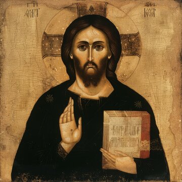 an icon of Jesus Christ Pantocrator depicted in traditional Byzantine style with a golden halo holding a book and blessing with his right hand capturing a sense of authority and compassion