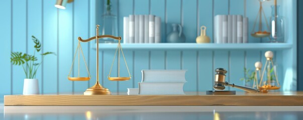 A classic legal office setting with a balance scale, gavel, and law books on a wooden desk