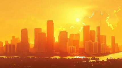 Fototapeta premium Depict the Miami skyline during a golden hour, highlighting the warm tones and shadows cast by the setting sun.