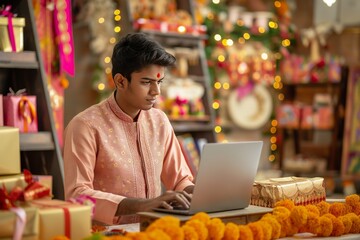 Indian Businessman in Traditional Attire Working on Laptop Amidst Festive Decorations