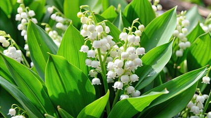 Obraz premium Lily of the Valley in full bloom with lush green leaves , Spring flowers, beautiful, delicate, fragrant, botanical