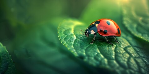 Fototapeta premium Vibrant Ladybug on Lush Green Leaf Nature and Sustainability Concept