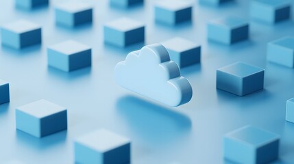 Obraz premium Abstract cloud computing concept with a 3D cloud icon surrounded by blue cubes, representing data storage and digital technology.
