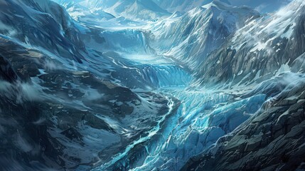 Depict the natural wonder of a glacier winding through rugged mountains, its icy blue hues contrasting with rocky terrain, in an aerial background.