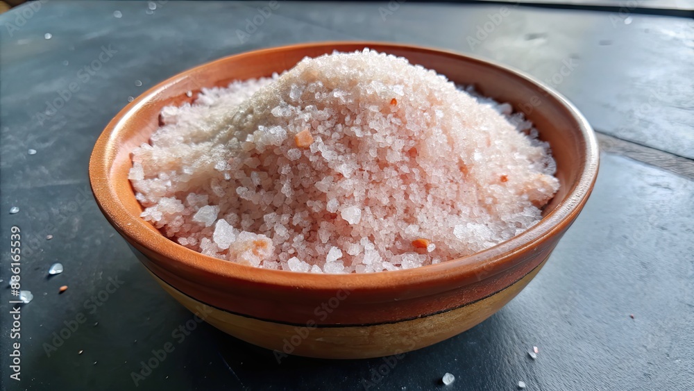 Sticker A pile of salt in a bowl on top of a table , seasoning, condiment, kitchen, cooking, ingredient, white, crystal, sodium