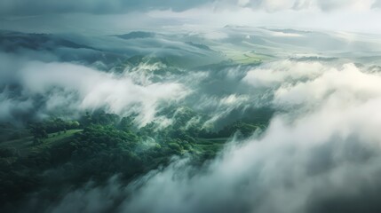 Obraz premium Depict the peacefulness of morning fog from above, blanketing valleys and low-lying areas with a soft, white layer of suspended water droplets.