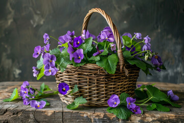 A basket of purple flowers sits on a wooden table