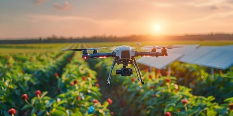 Solar Powered Drone Exploring Sustainable Farmland at Sunset